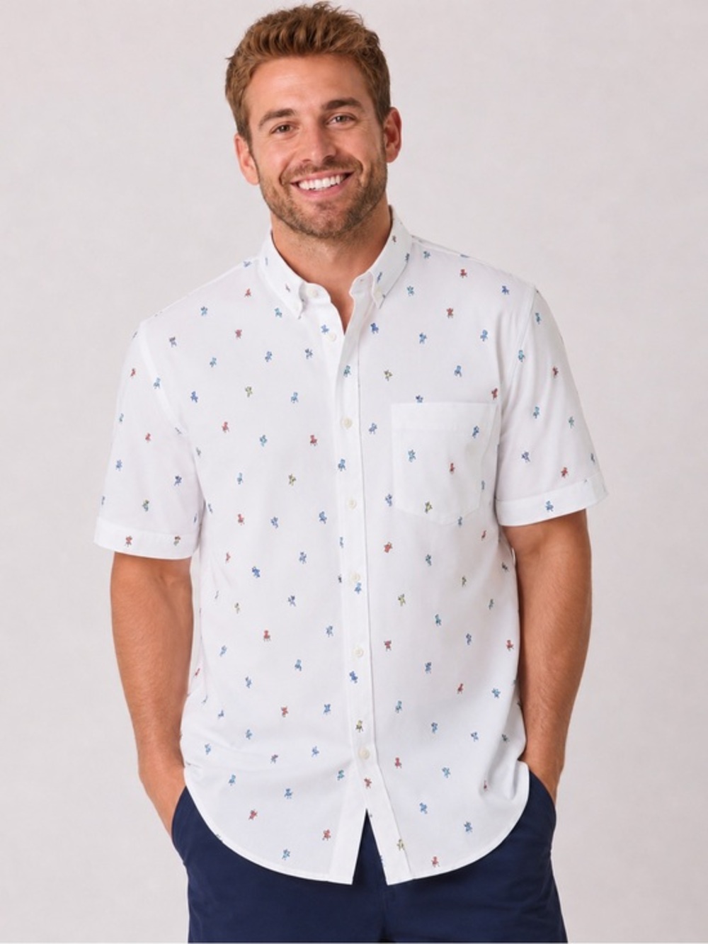 Izod Men's 2XL White Button-Down Shirt Short Sleeve Beach Chair Print COOL FX